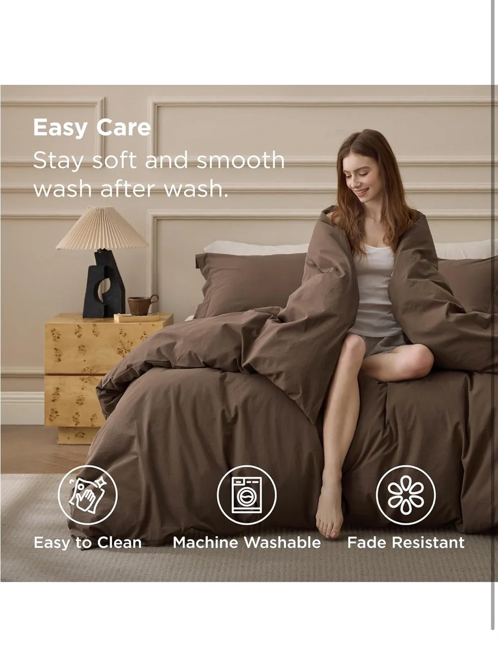 NEW Bedsure 100% Washed Cotton Duvet Cover Set Oversized King - Brown Minimalist